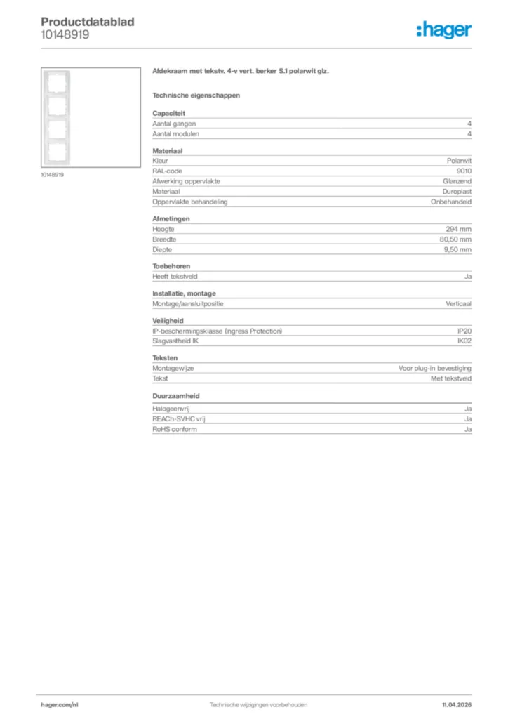 Afbeelding Hager Productdatablad 10148919 | Hager Nederland