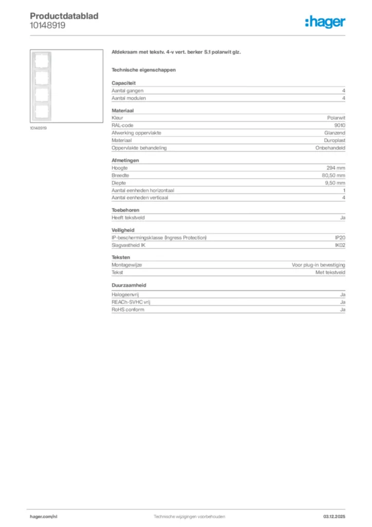Afbeelding Hager Productdatablad 10148919 | Hager Nederland