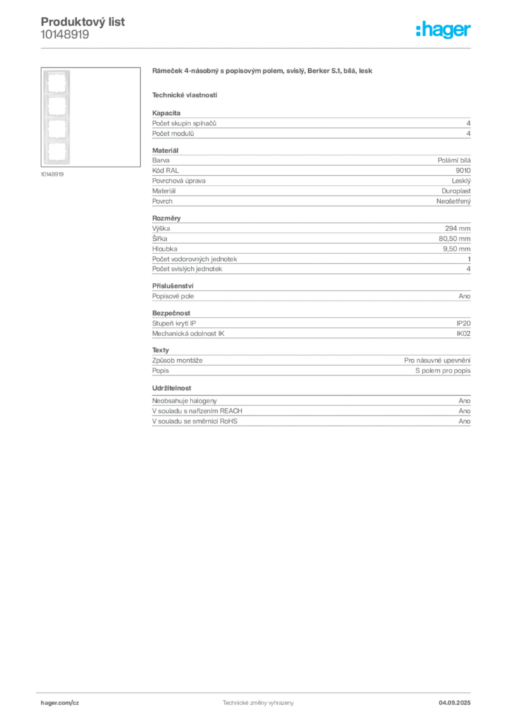 Obrázek Hager Product data sheet 10148919 | Hager