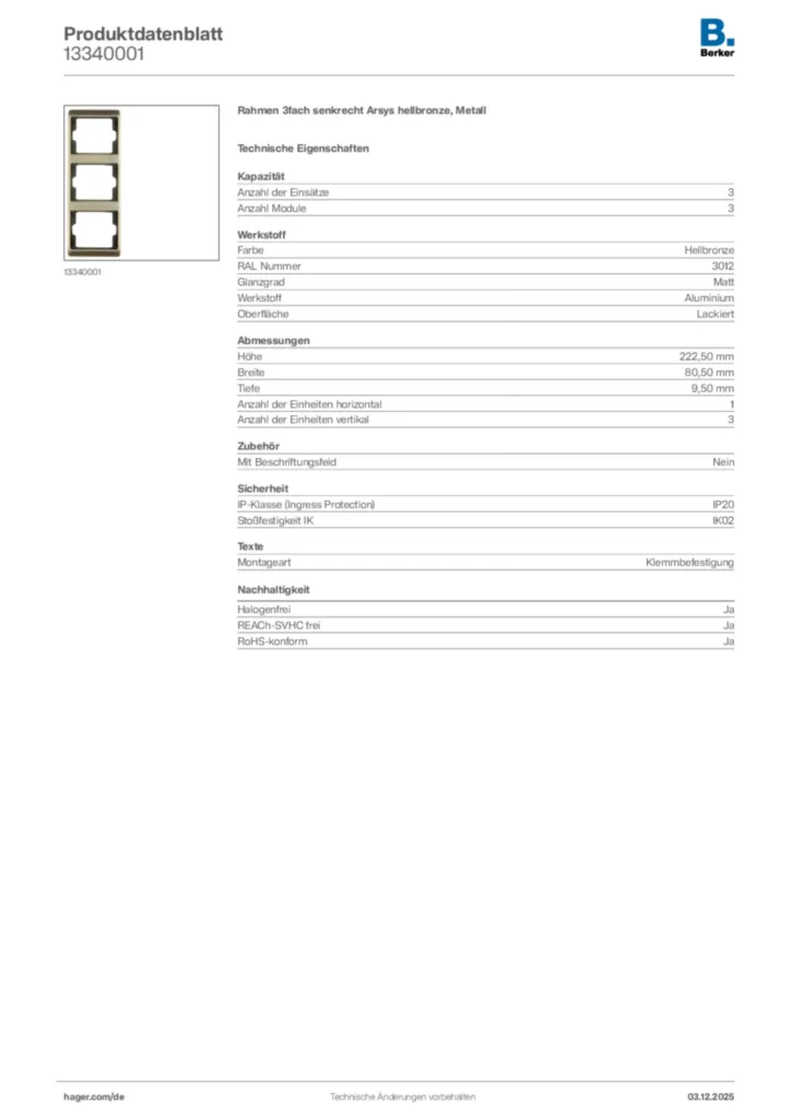 Bild Berker Produktdatenblatt 13340001 | Hager Deutschland