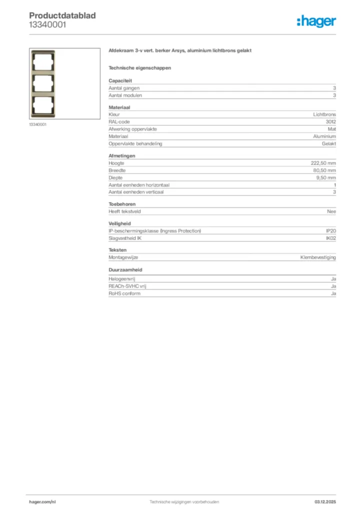 Afbeelding Hager Productdatablad 13340001 | Hager Nederland