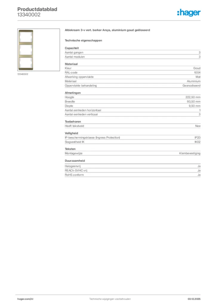 Afbeelding Hager Productdatablad 13340002 | Hager Nederland