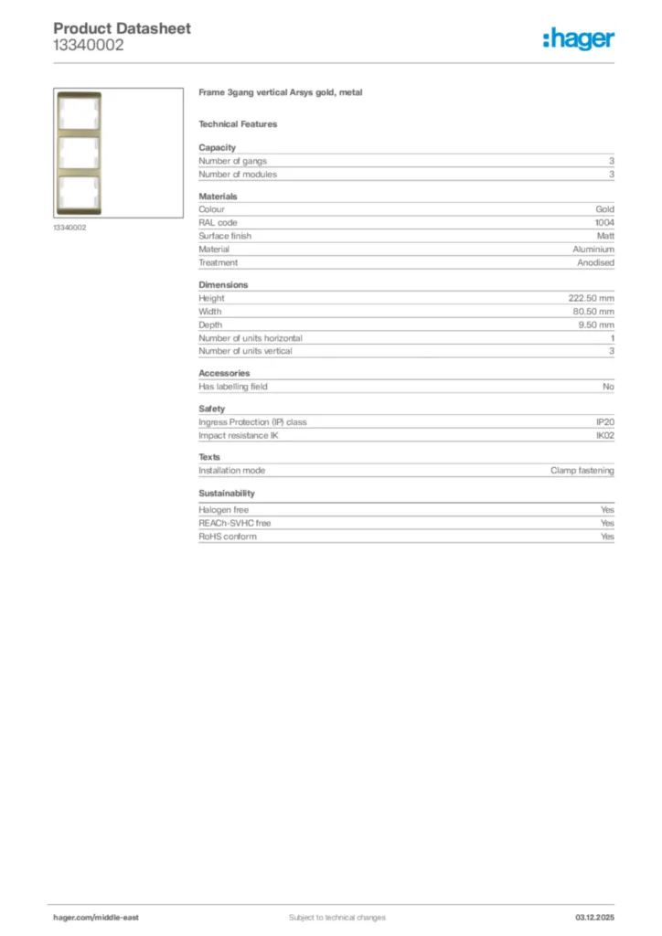 Image Hager Product data sheet 13340002  | Hager