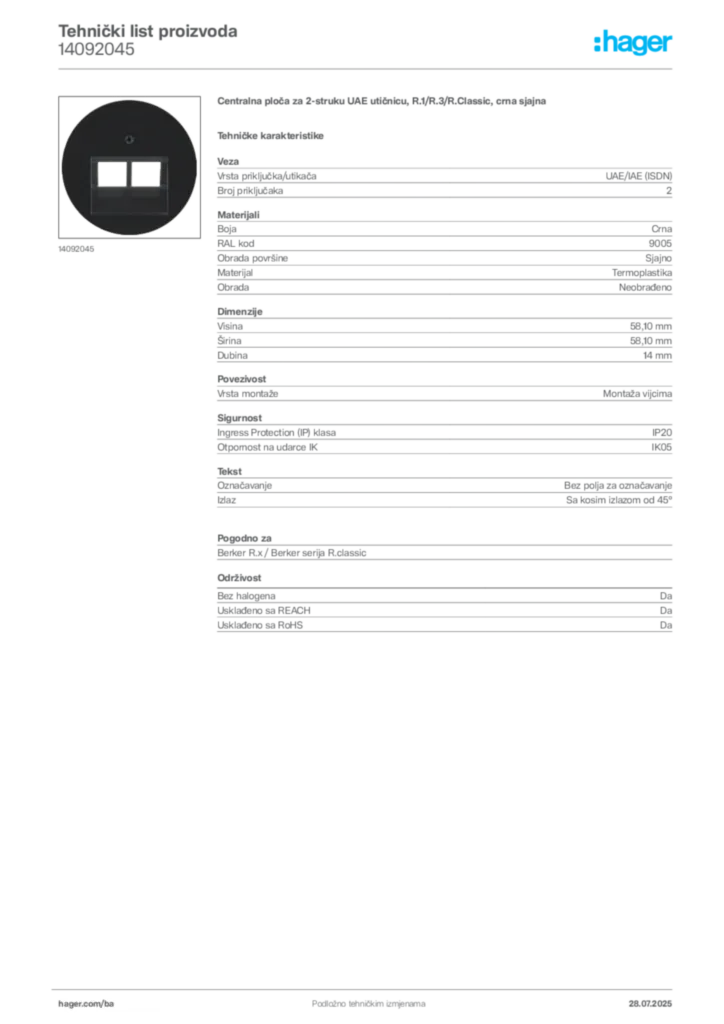 Slika Hager Product data sheet 14092045  | Hager