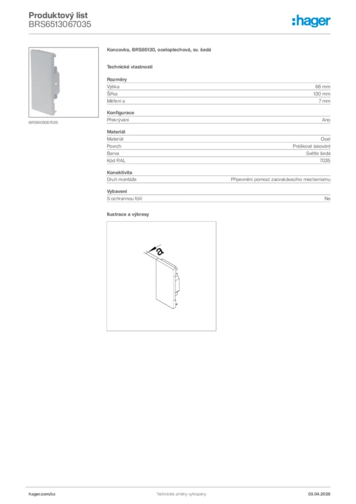 Obrázek Hager Product data sheet BRS6513067035 | Hager