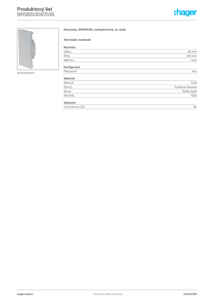 Obrázek Hager Product data sheet BRS6513067035 | Hager