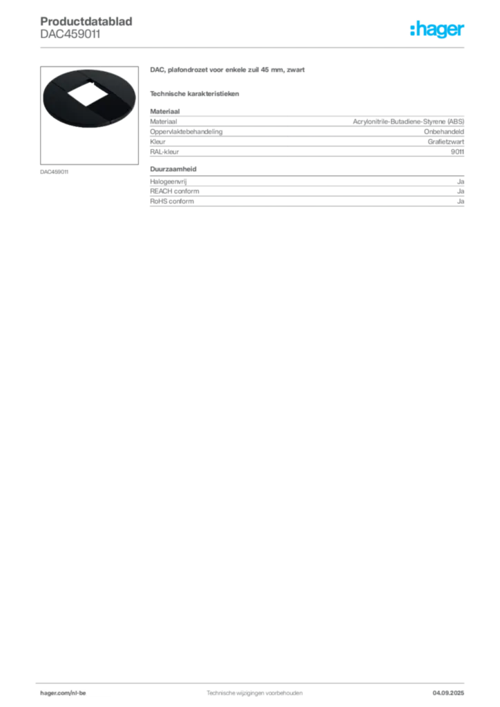 Afbeelding Hager Productdatablad DAC459011 | Hager Belgium