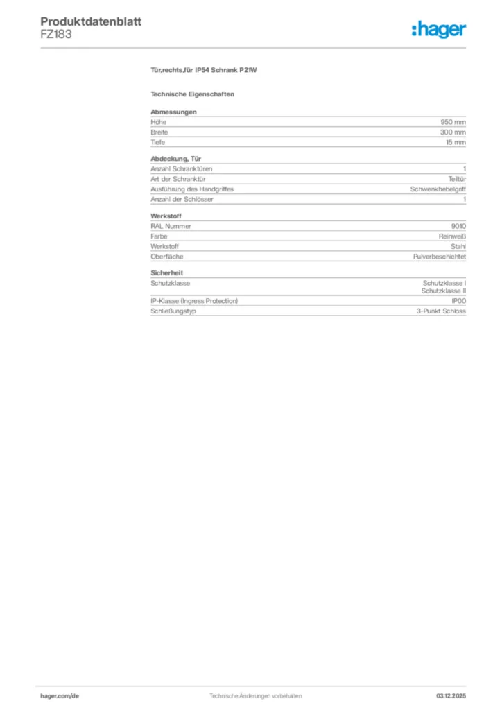 Bild Hager Produktdatenblatt FZ183 | Hager Deutschland
