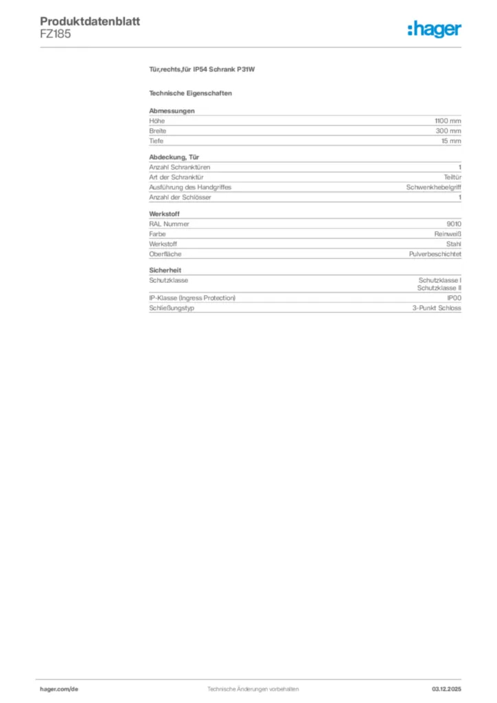 Bild Hager Produktdatenblatt FZ185 | Hager Deutschland