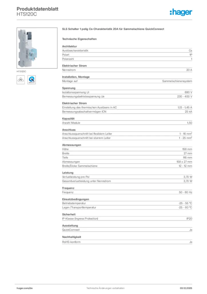Hager Produktdatenblatt HTS120C