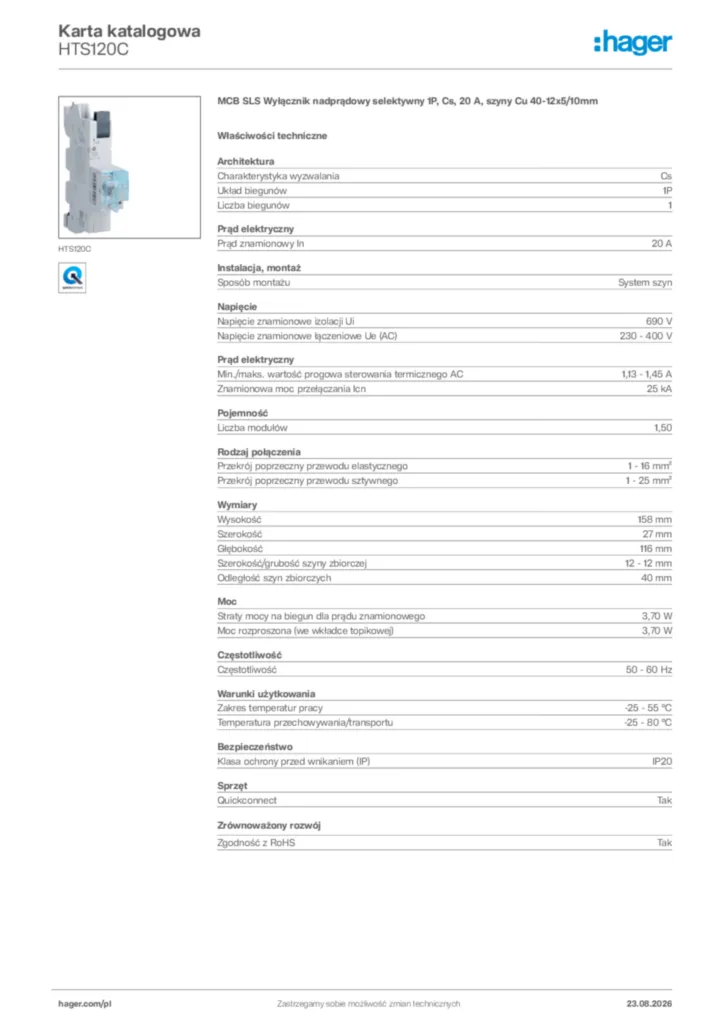 Zdjęcie Hager Karta katalogowa HTS120C | Hager Polska