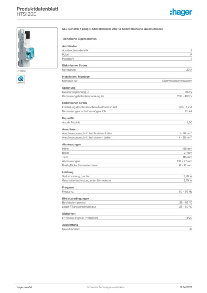 Bild Hager Produktdatenblatt HTS120E | Hager Deutschland