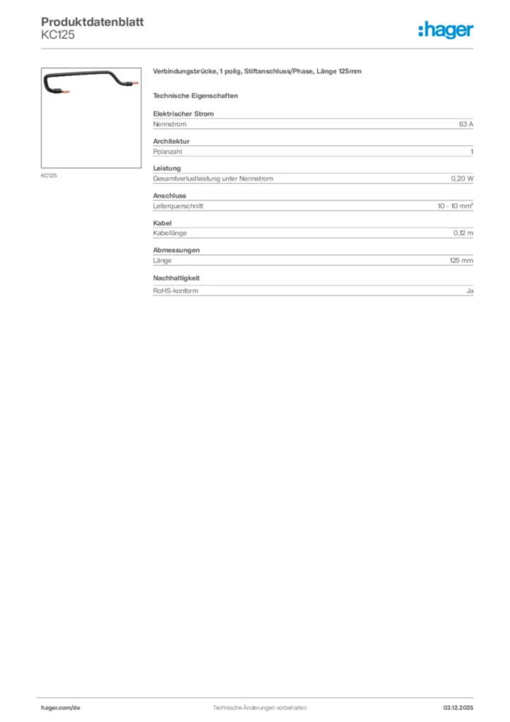 Bild Hager Produktdatenblatt KC125 | Hager Deutschland