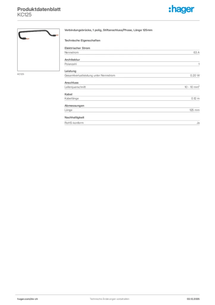 Bild Hager Produktdatenblatt KC125 | Hager Schweiz
