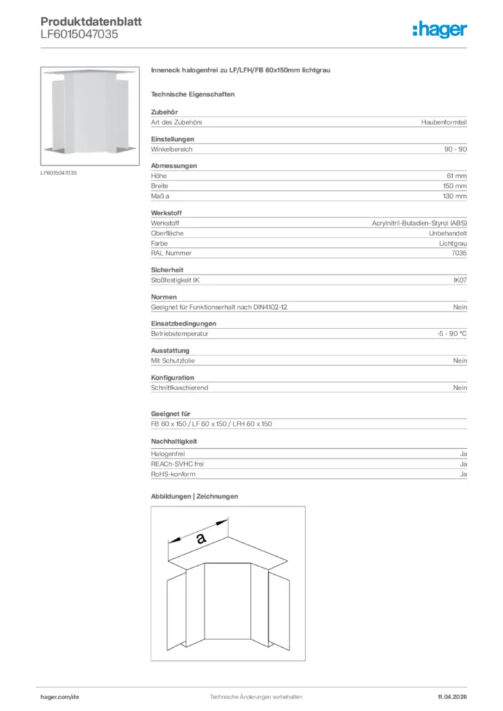 Bild Hager Produktdatenblatt LF6015047035 | Hager Deutschland