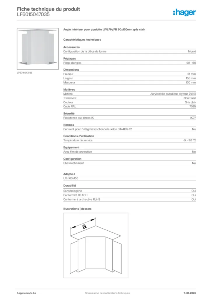 Image Hager Fiche technique du produit LF6015047035 | Hager Belgique