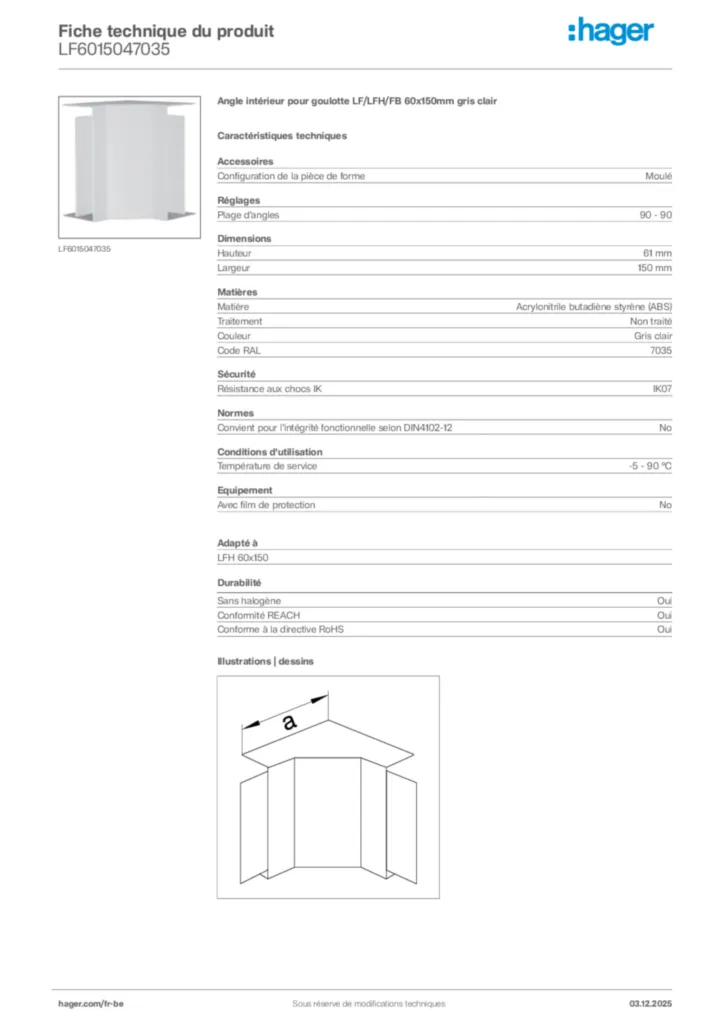 Image Hager Fiche technique du produit LF6015047035 | Hager Belgique