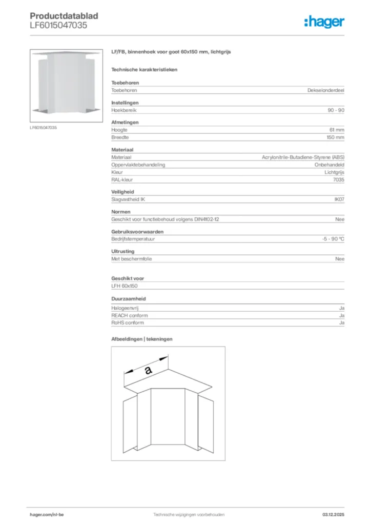 Afbeelding Hager Productdatablad LF6015047035 | Hager Belgium