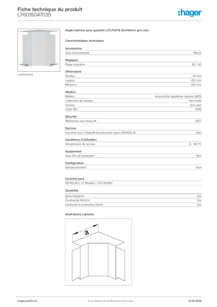 Image Hager Fiche technique du produit LF6015047035 | Hager Suisse
