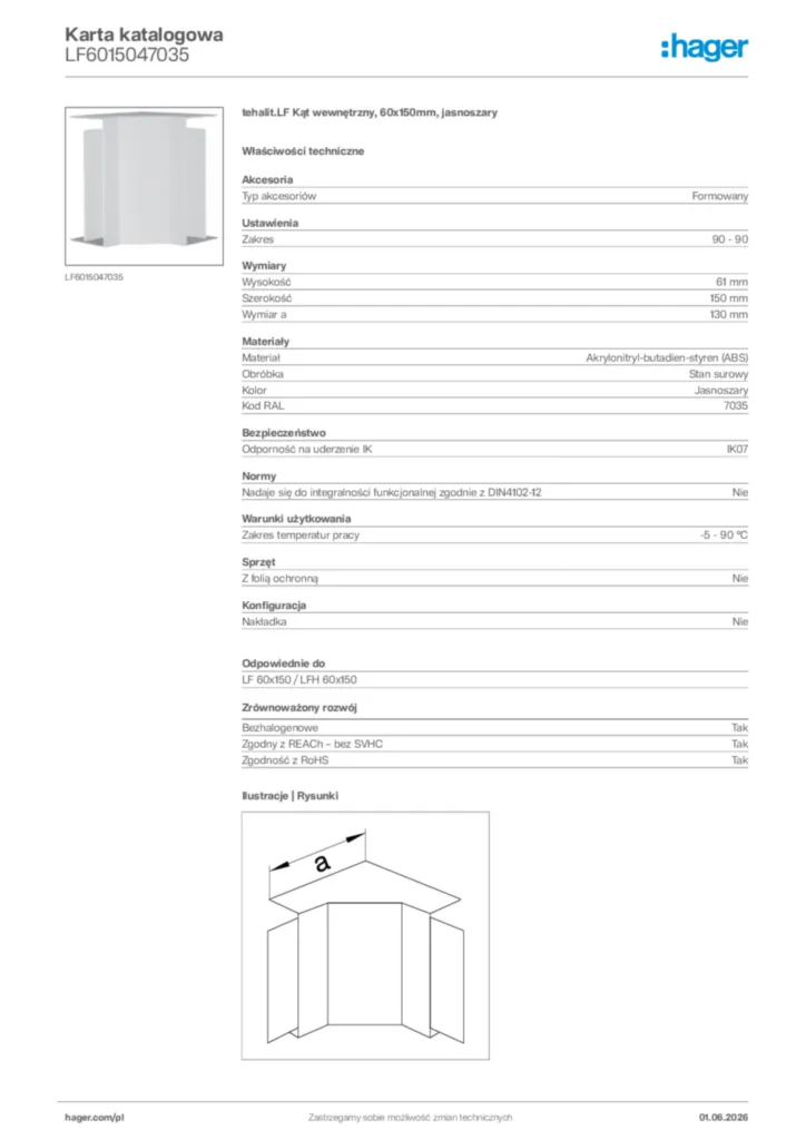 Zdjęcie Hager Karta katalogowa LF6015047035 | Hager Polska