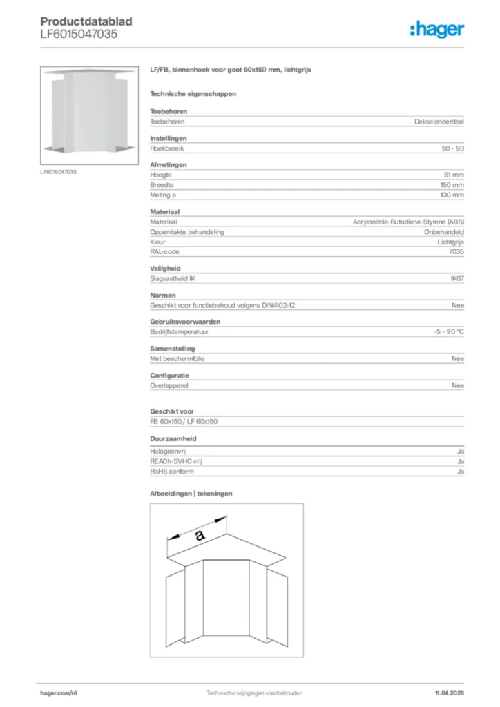 Afbeelding Hager Productdatablad LF6015047035 | Hager Nederland