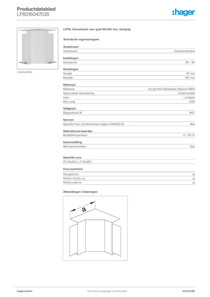 Afbeelding Hager Productdatablad LF6015047035 | Hager Nederland