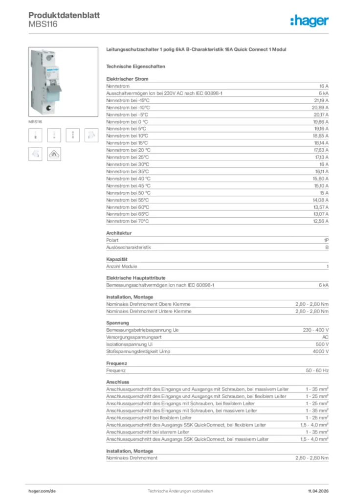 Bild Hager Produktdatenblatt MBS116 | Hager Deutschland