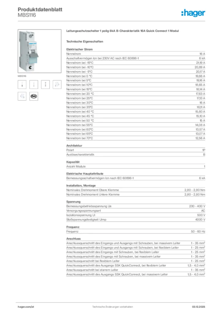 Bild Hager Produktdatenblatt MBS116 | Hager Deutschland