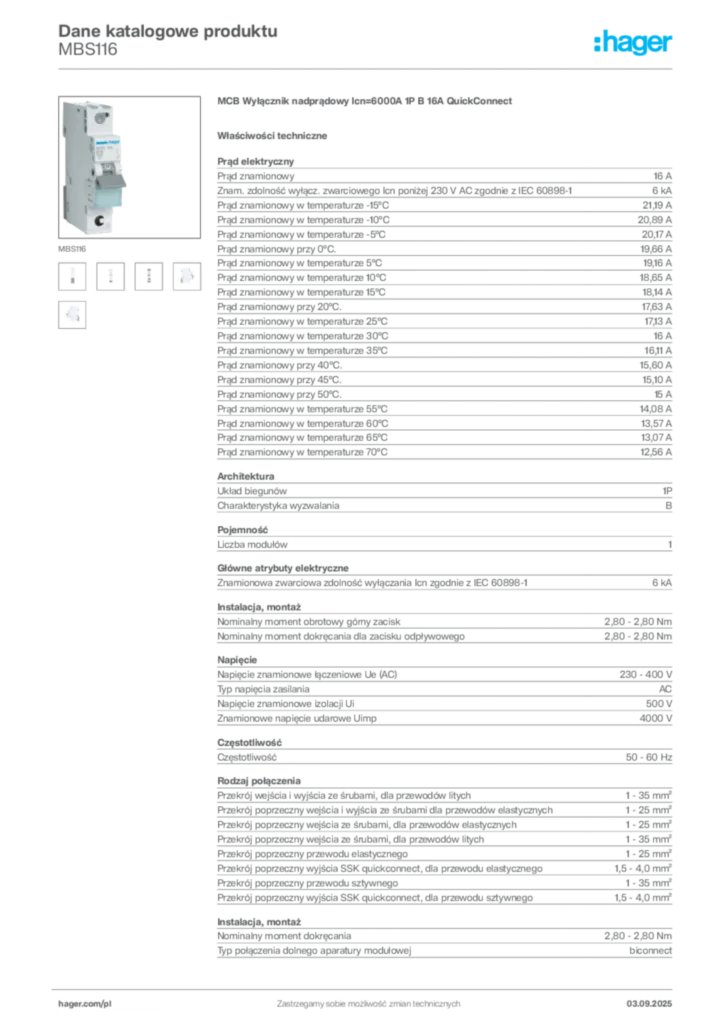 Zdjęcie Hager Dane katalogowe produktu MBS116 | Hager Polska