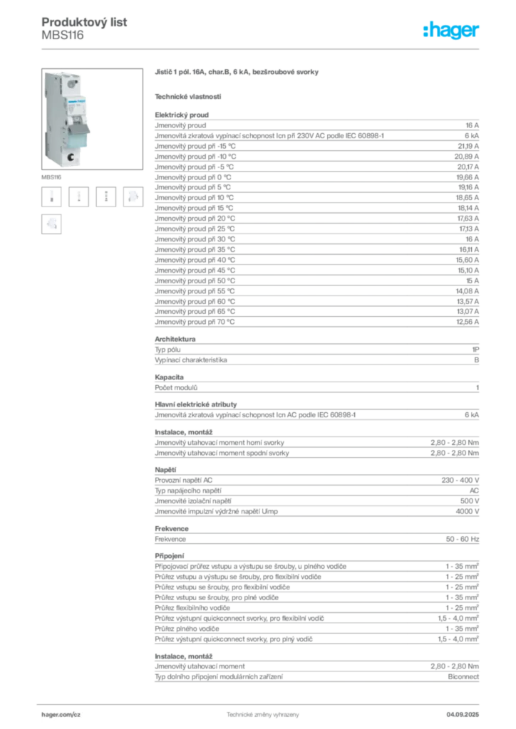 Obrázek Hager Product data sheet MBS116 | Hager