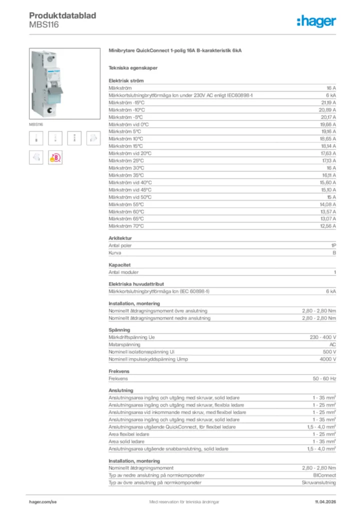 Bild Hager Produktdatablad MBS116 | Hager Sverige