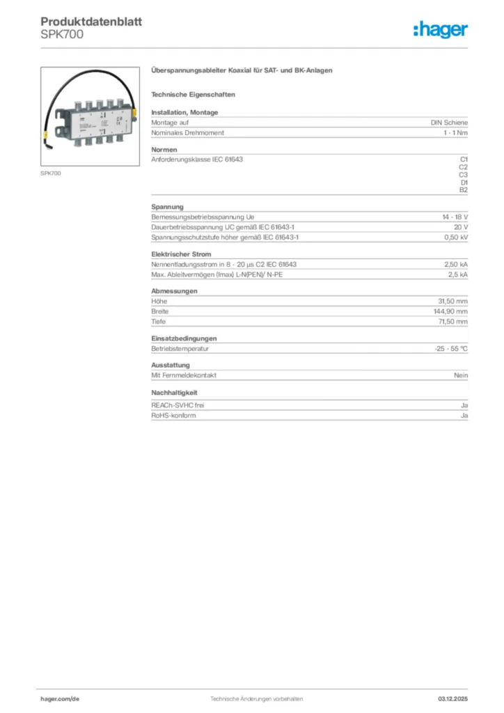 Bild Hager Produktdatenblatt SPK700 | Hager Deutschland