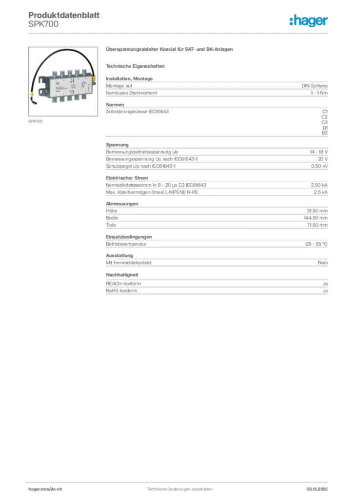 Bild Hager Produktdatenblatt SPK700 | Hager Schweiz
