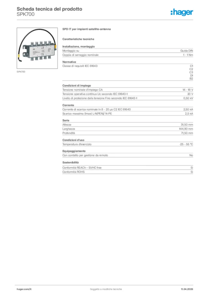 Immagine Hager Scheda tecnica del prodotto SPK700 | Hager Italia