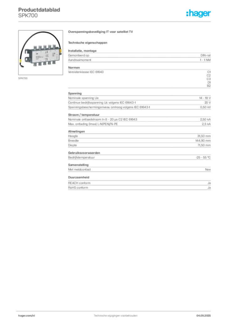 Afbeelding Hager Productdatablad SPK700 | Hager Nederland