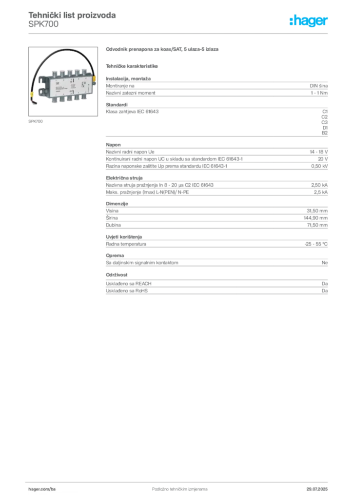 Slika Hager Product data sheet SPK700  | Hager