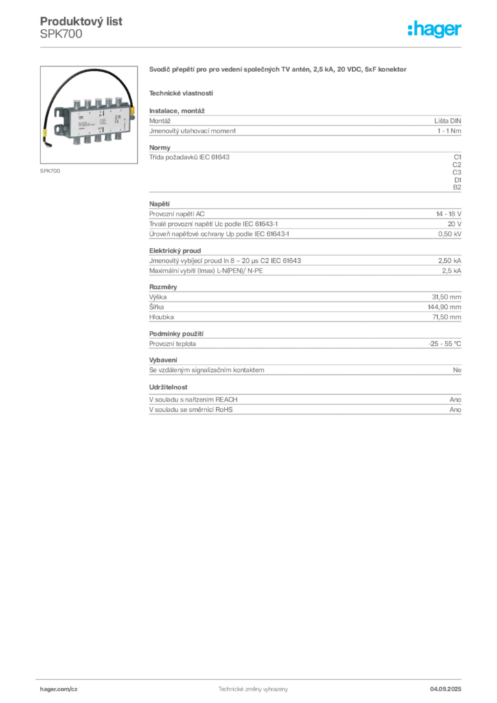 Obrázek Hager Product data sheet SPK700 | Hager
