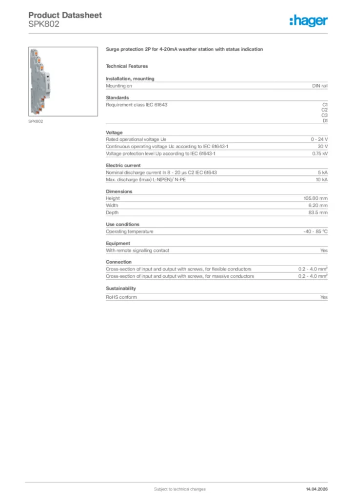 Image Hager Product data sheet SPK802  | Hager Africa