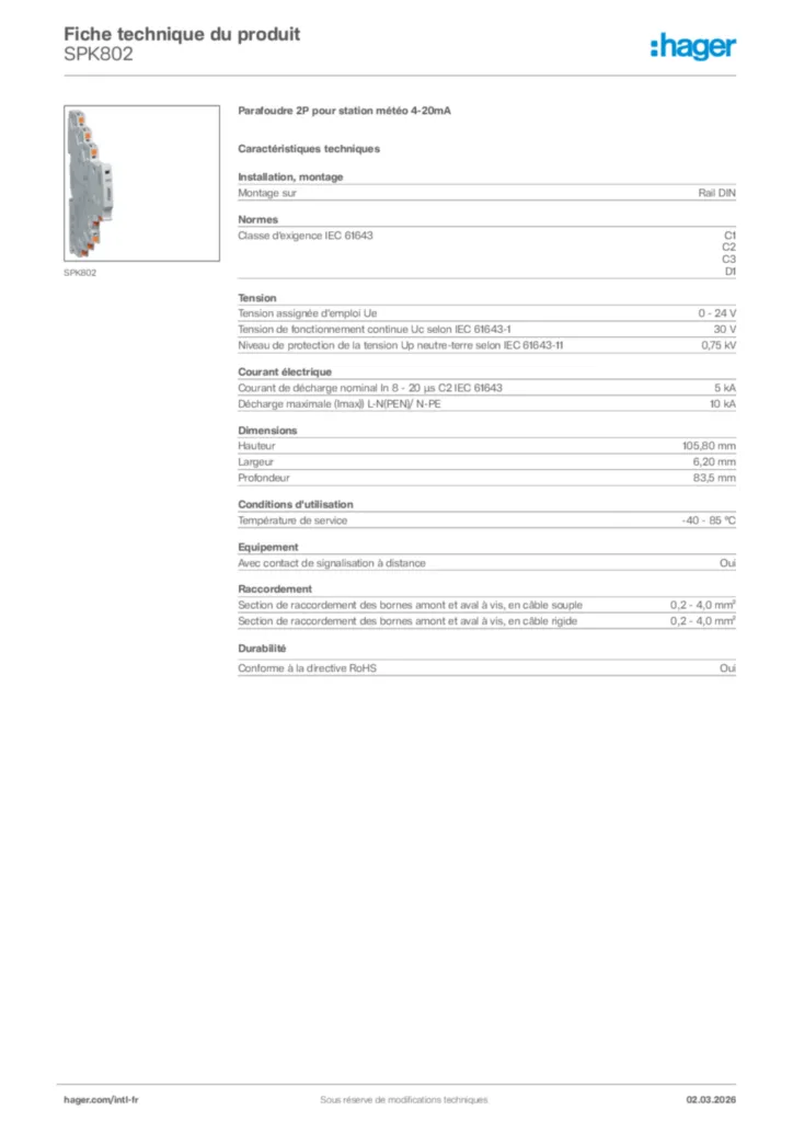 Image Hager Fiche technique du produit SPK802 | Hager Afrique