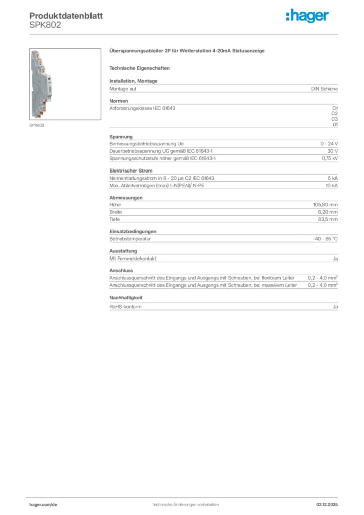 Bild Hager Produktdatenblatt SPK802 | Hager Deutschland