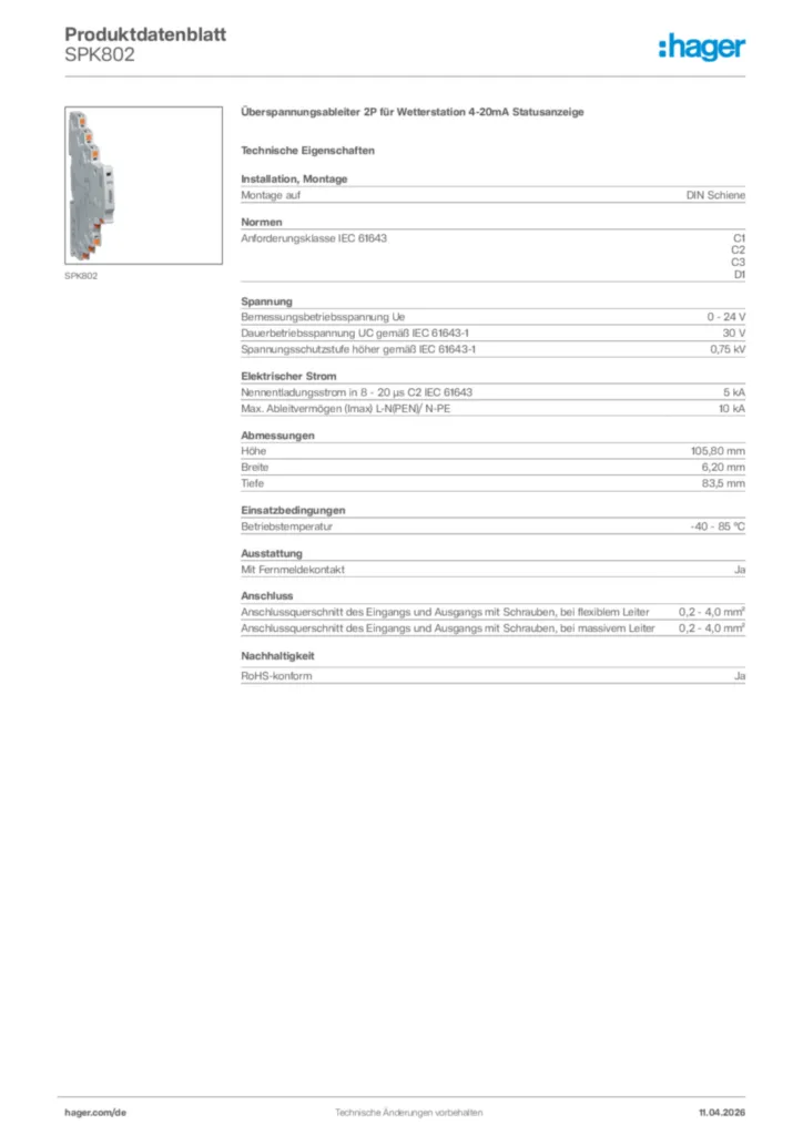 Bild Hager Produktdatenblatt SPK802 | Hager Deutschland