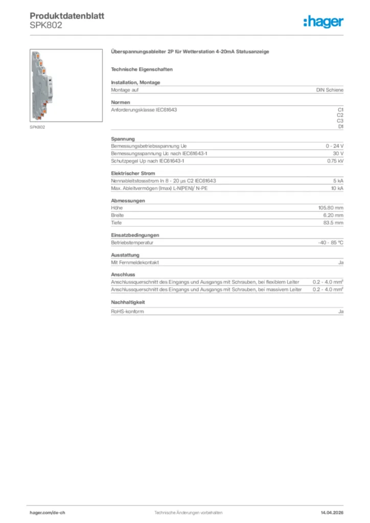 Bild Hager Produktdatenblatt SPK802 | Hager Schweiz