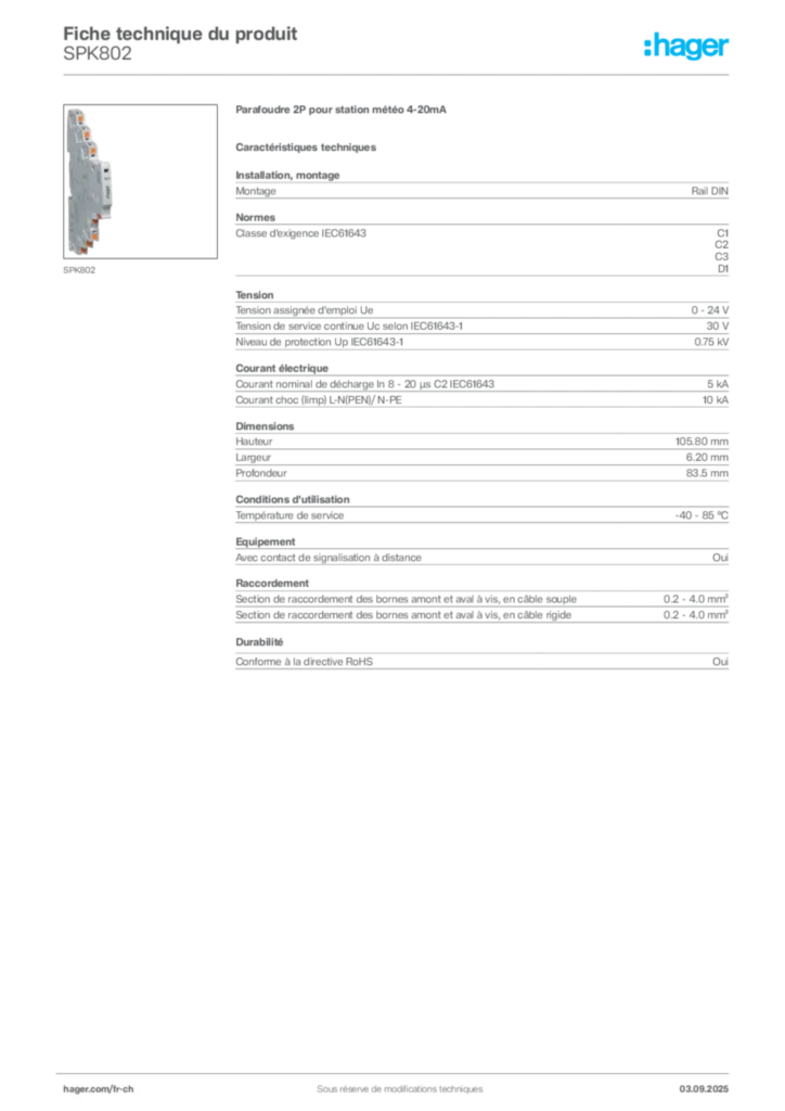 Image Hager Fiche technique du produit SPK802 | Hager Suisse