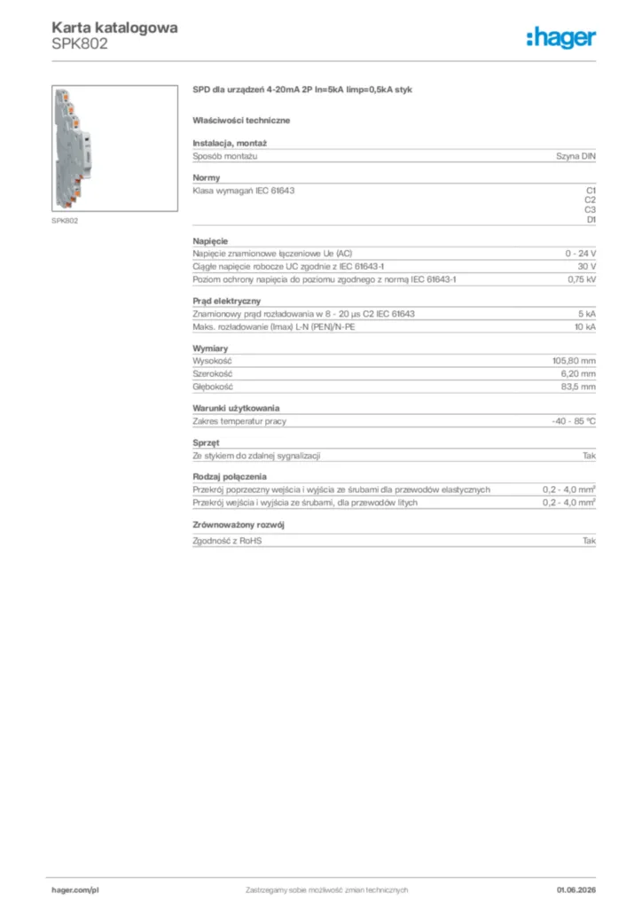 Zdjęcie Hager Karta katalogowa SPK802 | Hager Polska