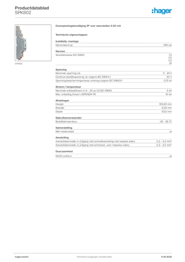 Afbeelding Hager Productdatablad SPK802 | Hager Nederland
