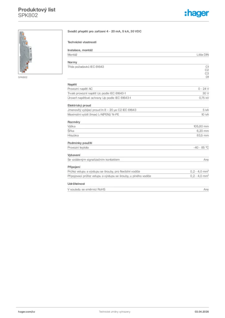 Obrázek Hager Product data sheet SPK802 | Hager