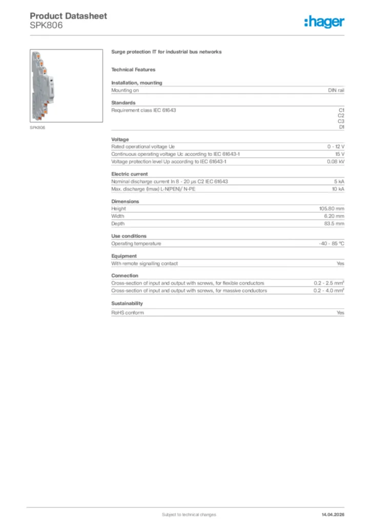 Image Hager Product data sheet SPK806  | Hager Africa