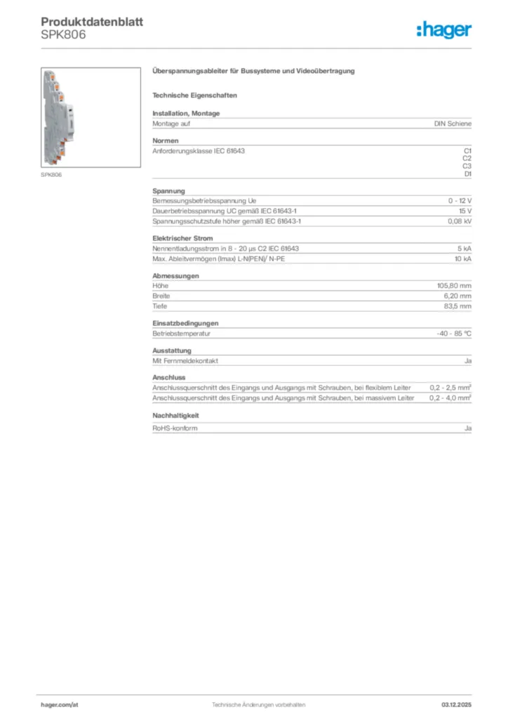 Bild Hager Produktdatenblatt SPK806 | Hager Deutschland