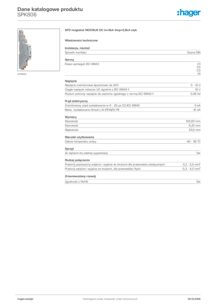 Zdjęcie Hager Dane katalogowe produktu SPK806 | Hager Polska