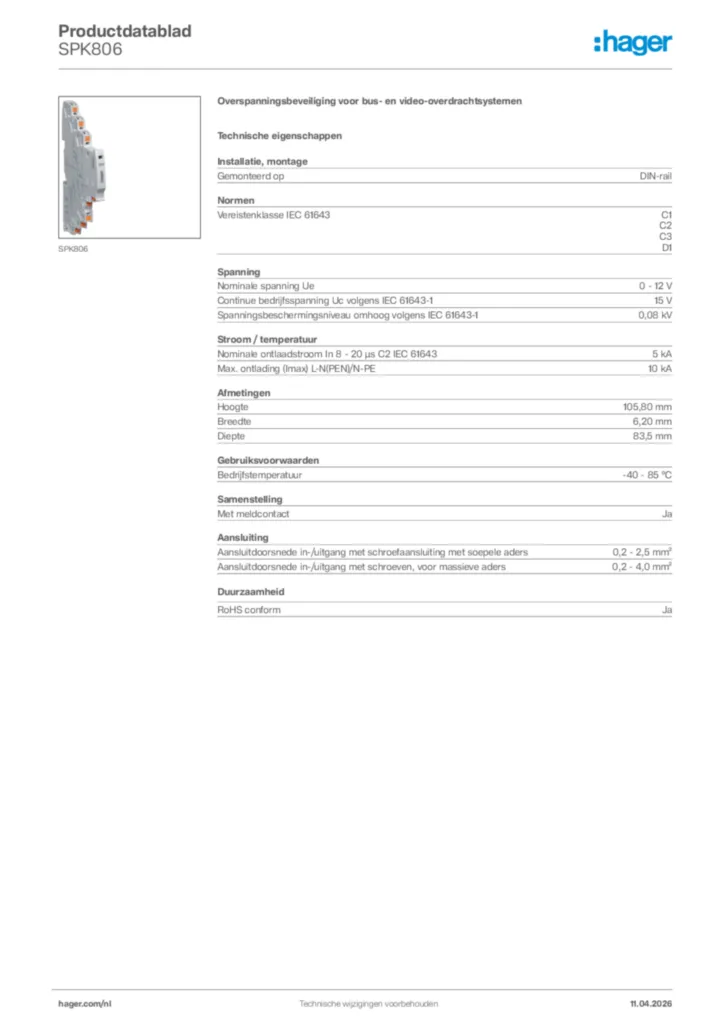 Afbeelding Hager Productdatablad SPK806 | Hager Nederland
